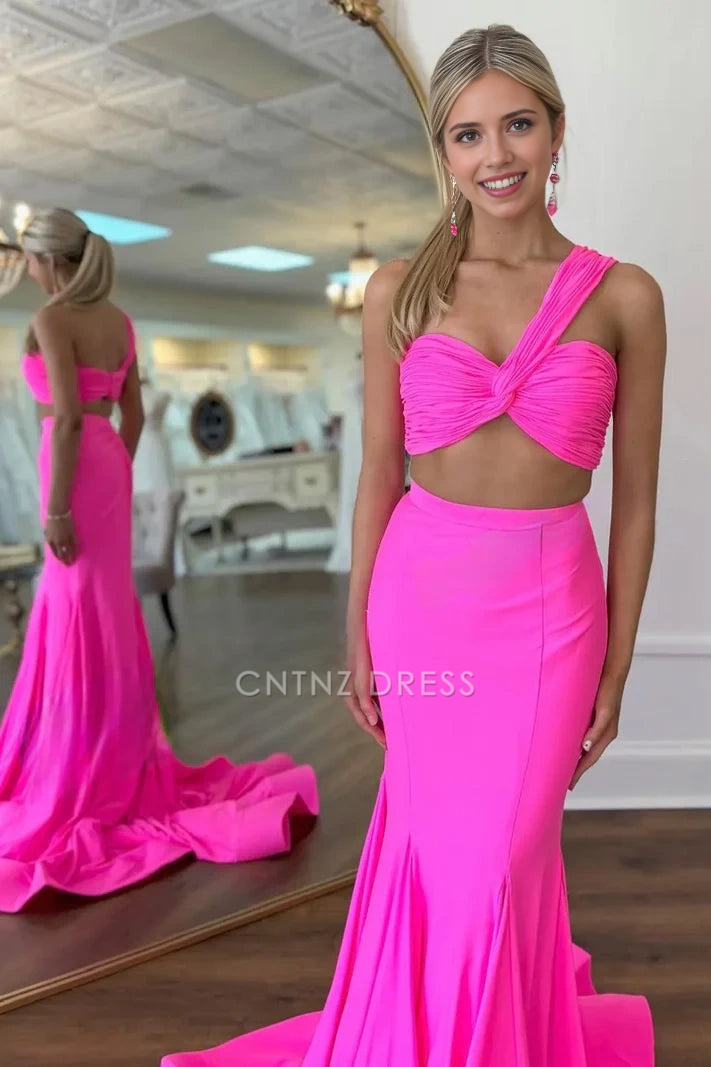 CNTNZ DRESS Mermaid One Shoulder Sleeveless Pleated Empire Satin Sexy Hot Sale Prom Dress