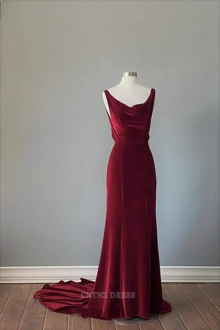 Wholesa Sheath Vintage Straps Burgundy Velvet Long Ruffles formal dresses Bridesmaid Dresses evening gown Prom Dress