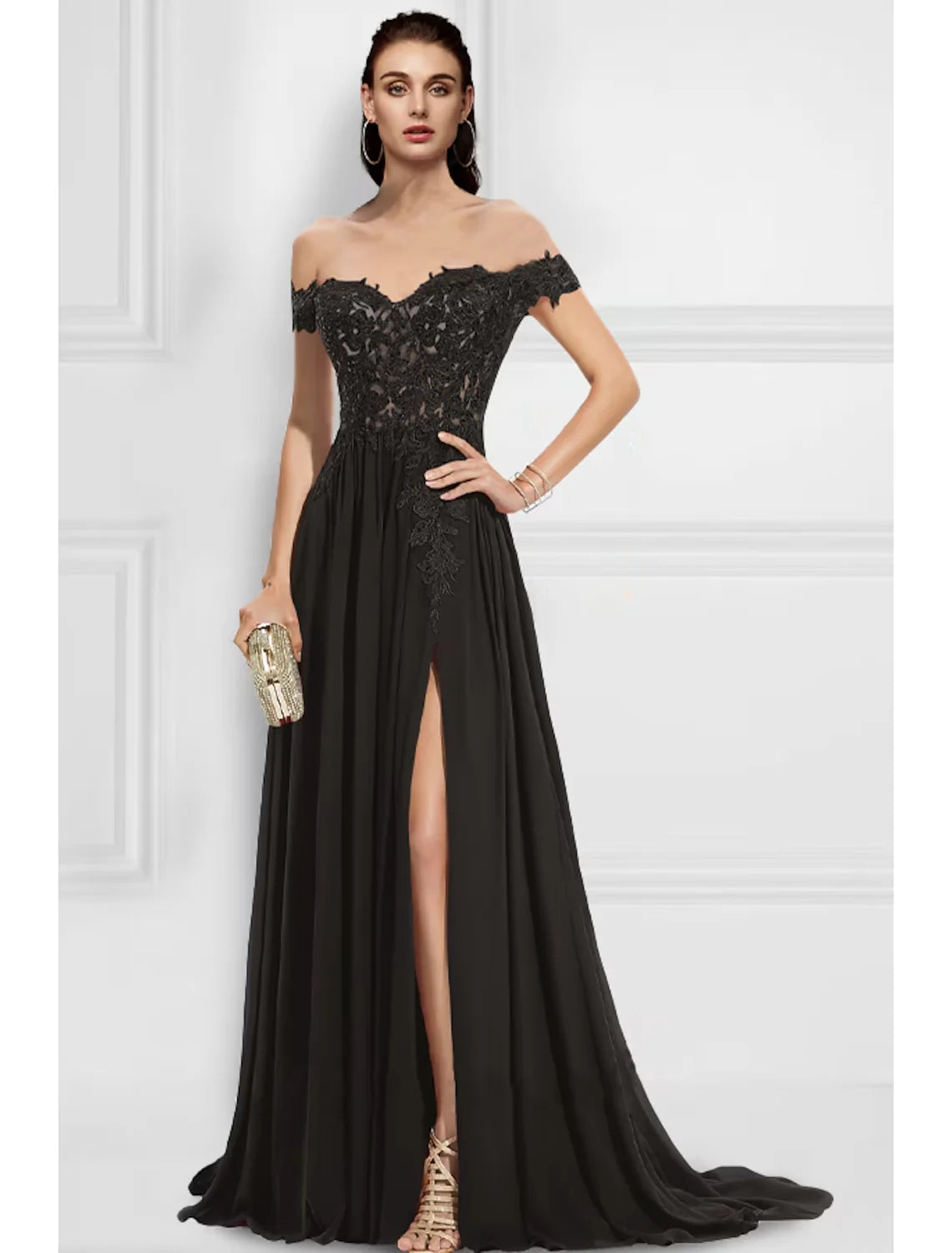 Wholesa A-Line Evening Gown Floral Dress Formal Sweep / Brush Train Sleeveless Off Shoulder Chiffon with Slit Appliques