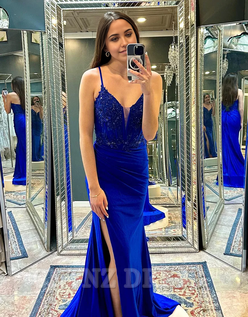 Wholesa Mermaid Spaghetti Sparkly Royal Blue Straps Corset Appliques Long formal dresses evening gown Prom Dress with Slit