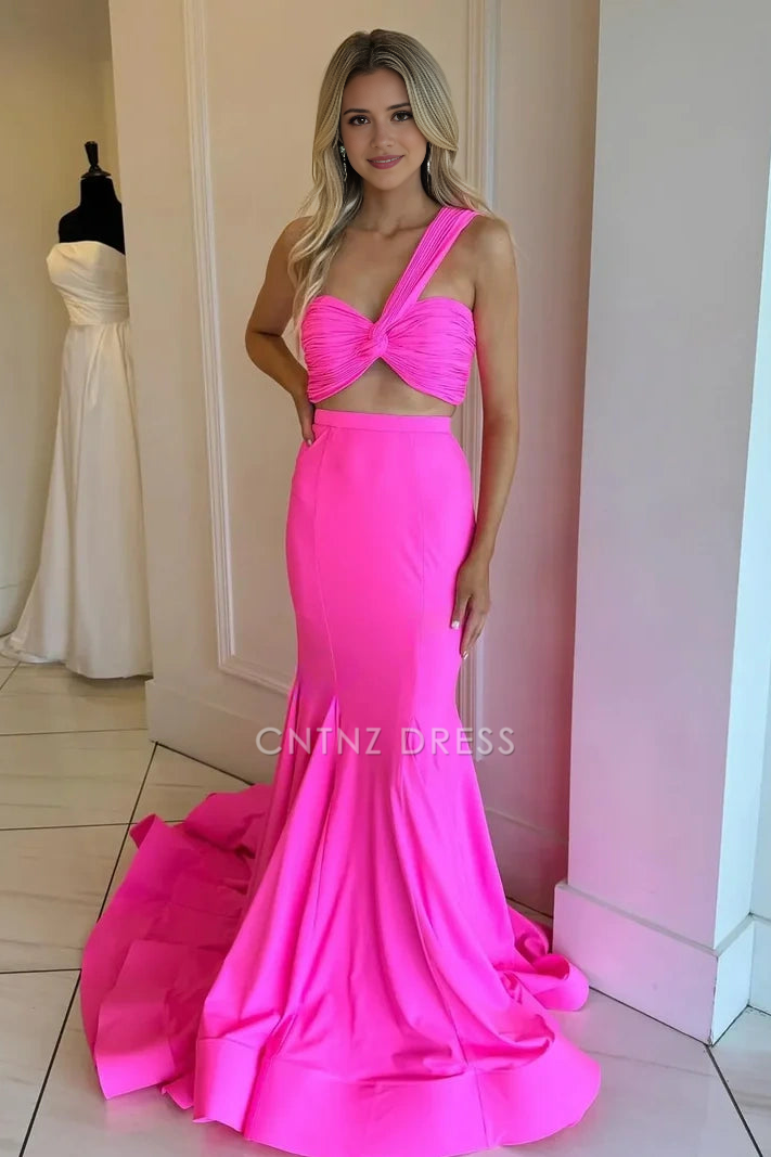CNTNZ DRESS Mermaid One Shoulder Sleeveless Pleated Empire Satin Sexy Hot Sale Prom Dress