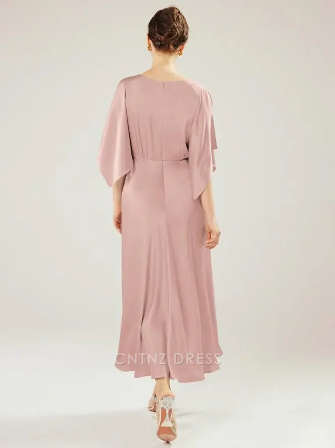 Wholesa A-Line Jewel Neck Short Sleeves Ankle-Length Wedding Guest Party Dresses Mother of the Bride Dresse