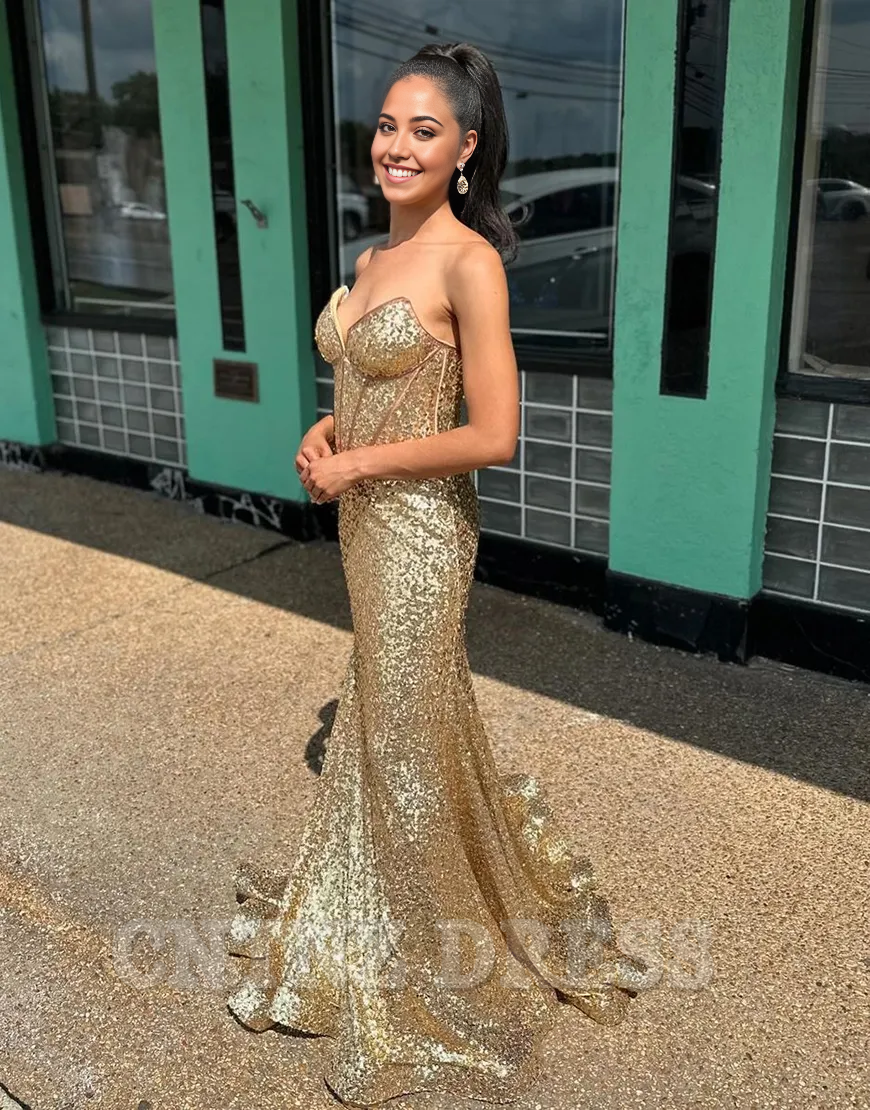 Wholesa Mermaid Sparkly Strapless Corset Sequins Golden Long formal dresses evening gown Prom Dress
