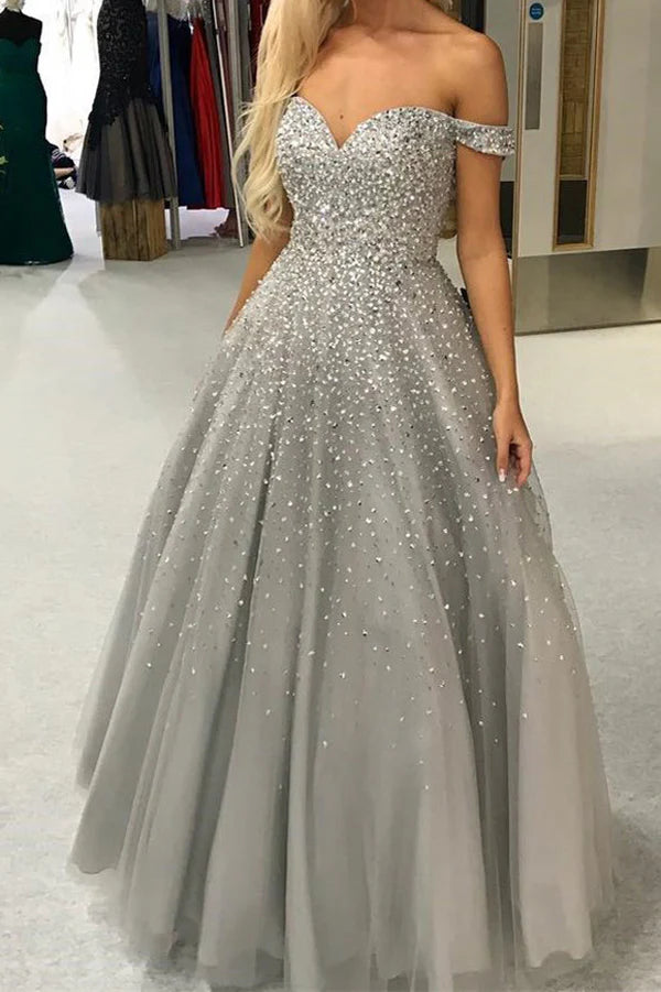 Wholesa A-line Off the Shoulder Open Back Gorgeous Ball Gown Long Prom Dresses with Beaded