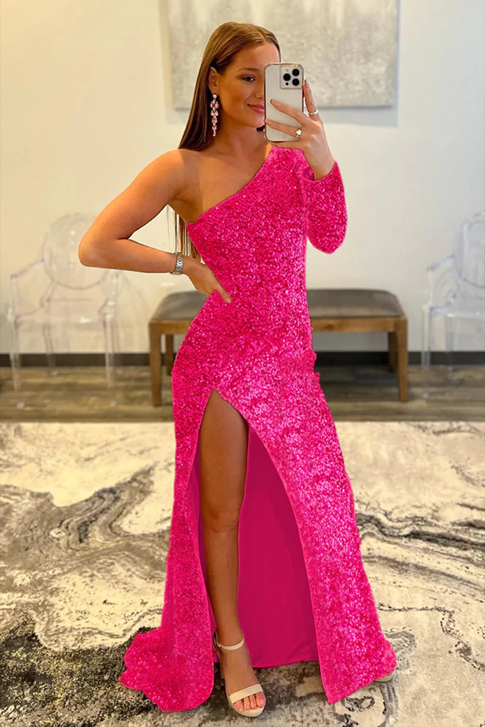 Wholesa Mermaid One-shoulder Sequined Prom Dress with Slit