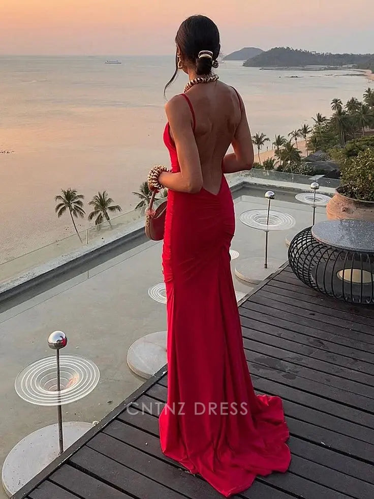 Wholesa Mermaid Spaghetti Straps Sexy Backless Red Long formal dresses Bridesmaid Dresses evening gown Prom Dress