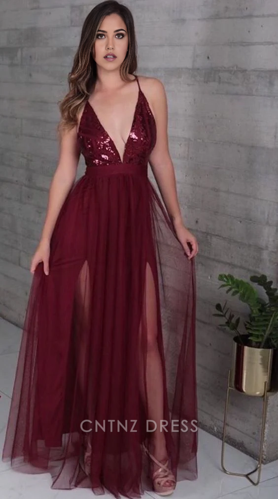 Wholesa A-line Simple V Neck Burgundy Long Prom Dress formal dresses Bridesmaid Dresses evening gown Prom Dress with Slit