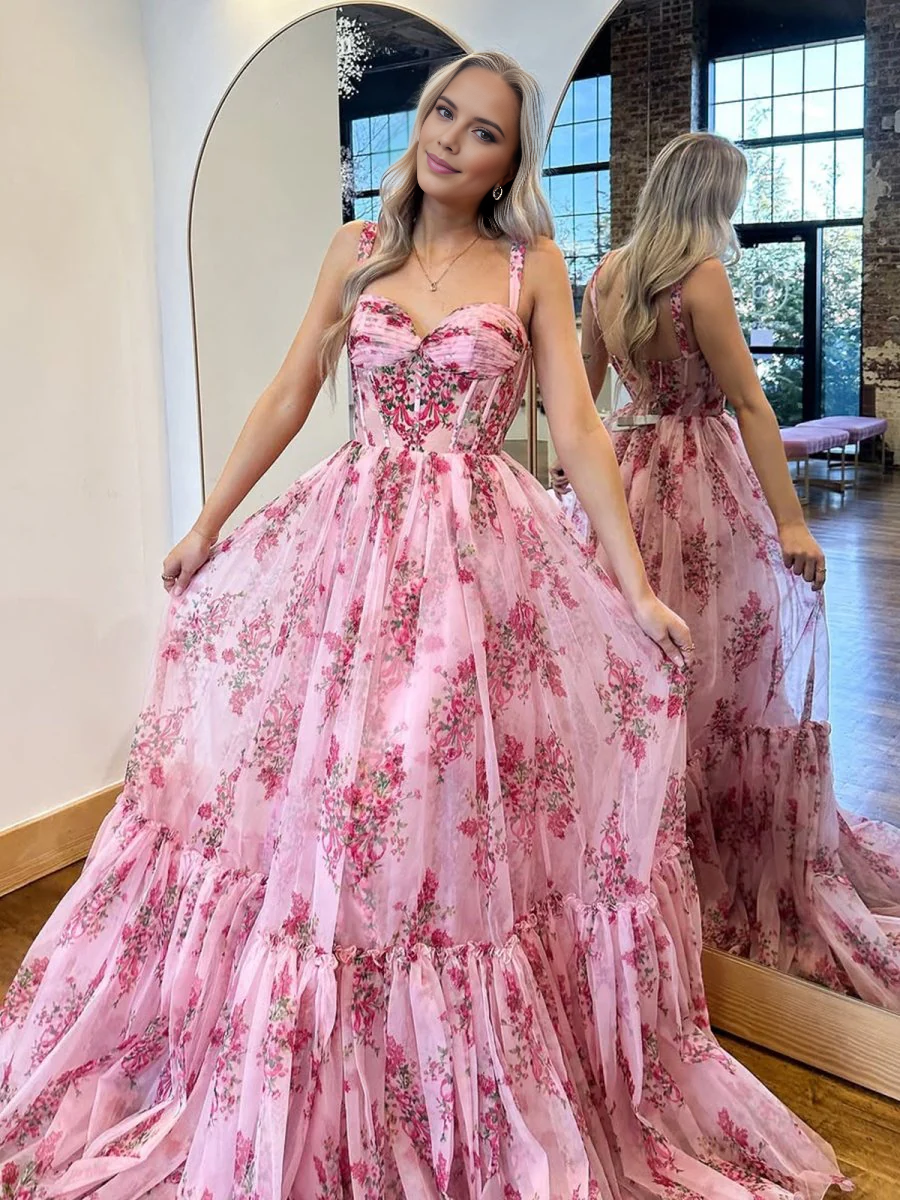 Romantic Formal Women's Dresses Pink Chiffon Floral Printed A Line Spaghetti Strap Sweetheart Sleeveless Ruched Bargain Long Prom Dress