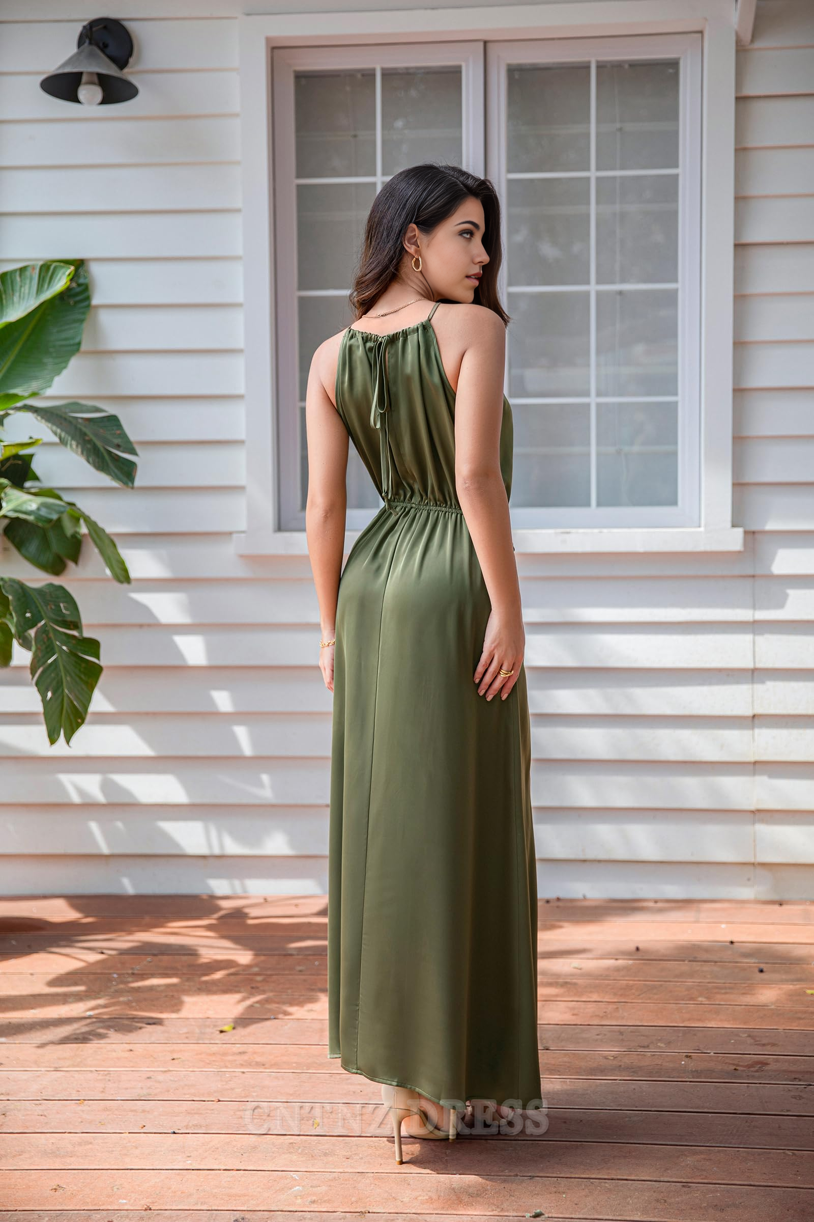 Wholesa Boho Halter Maxi Tie Waist Satin Elegant Sleeveless Long High Slit formal dresses Bridesmaid Dresses evening gown Prom Dress