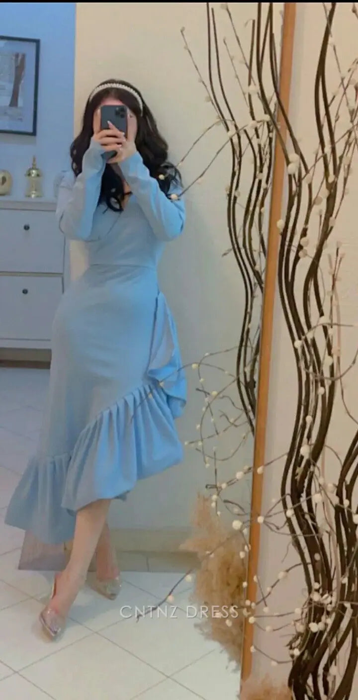 Wholesa Mermaid Elegant V Neck Blue formal dresses Bridesmaid Dresses evening gown Prom Dress
