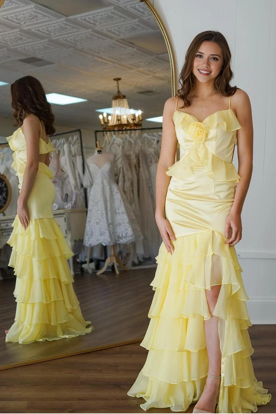 Mermaid V Neck Spaghetti Strap Sleeveless Backless With Layered Ruffles Side Fork Chic Evening Gowns Cute Long Prom Dress