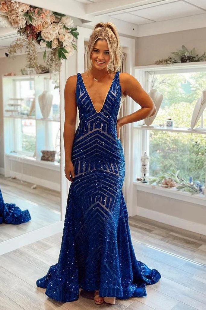 Wholesa Mermaid V-Neck Long Royal Blue Prom Dress Party Dress