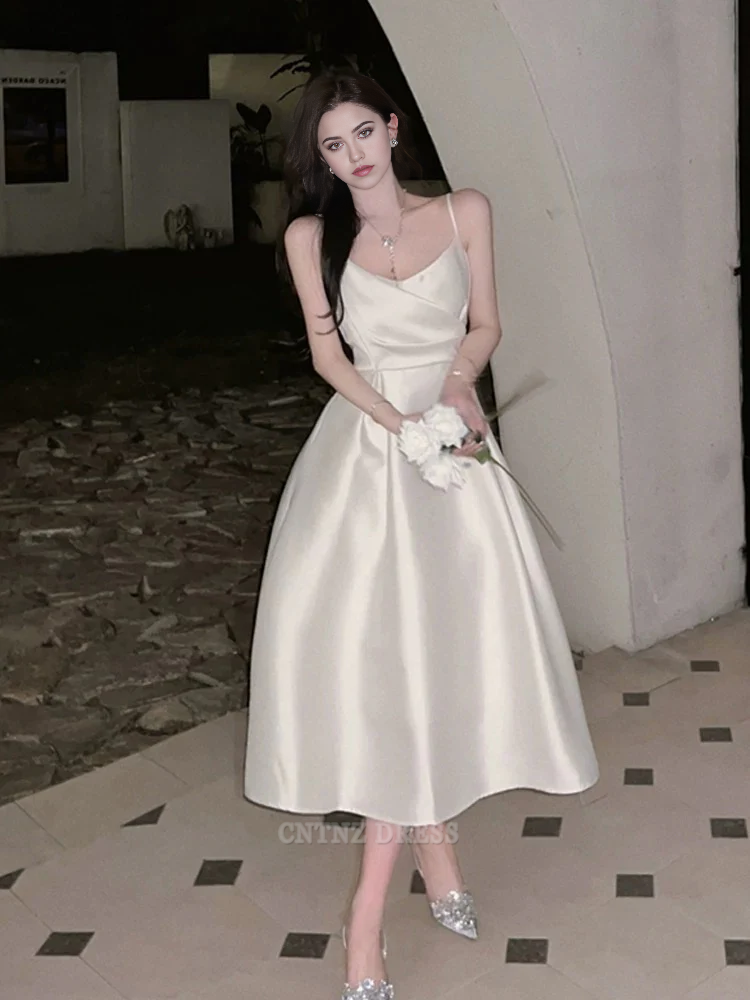 Wholesa A Line Spaghetti Straps Satin Ivory Sleeveless Vintage formal dresses Bridesmaid Dresses evening gown Prom Dress