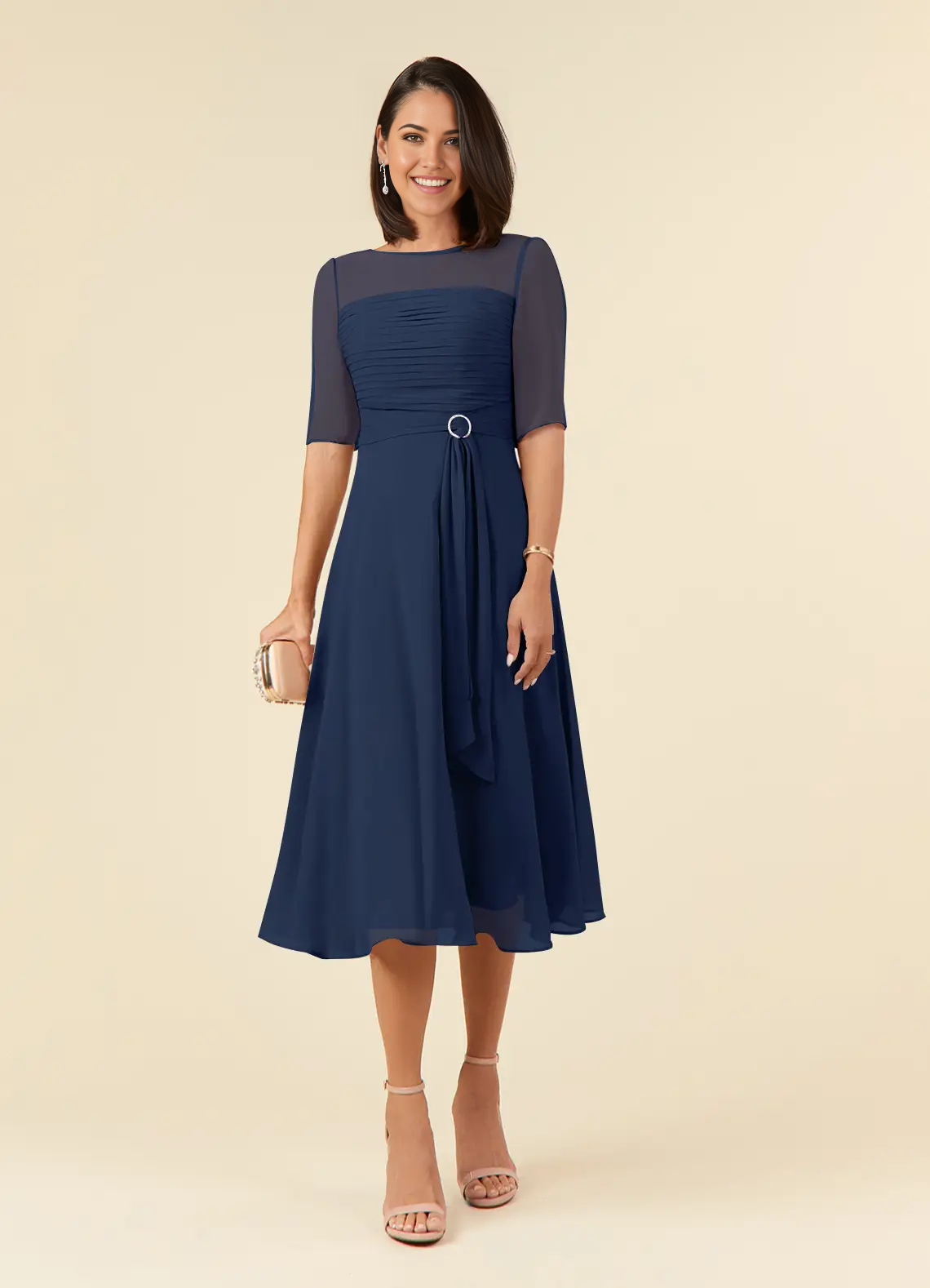 Wholesa A-Line Dark Navy Boatneck Pleated Chiffon Dress Mother of the Bride Dresses