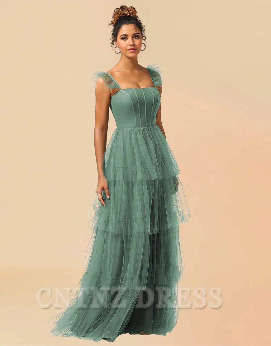 Wholesa A-Line Detachable Straps Lace Up Tulle formal dresses Bridesmaid Dresses evening gown Prom Dress With Split