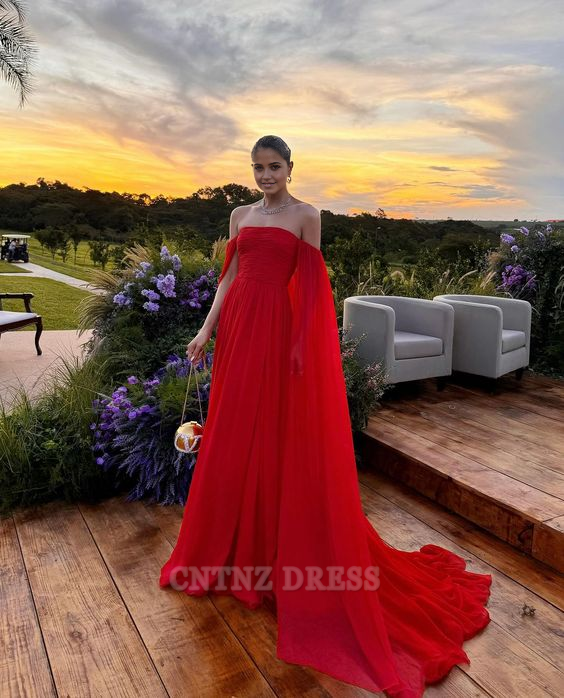 Wholesa A line Off The Shoulder Red Chiffon Long formal dresses Bridesmaid Dresses evening gown Prom Dress