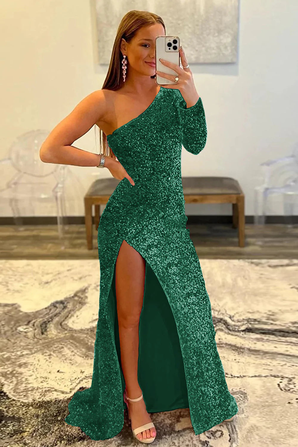 Wholesa Mermaid One Shoulder Sequined Prom Dress