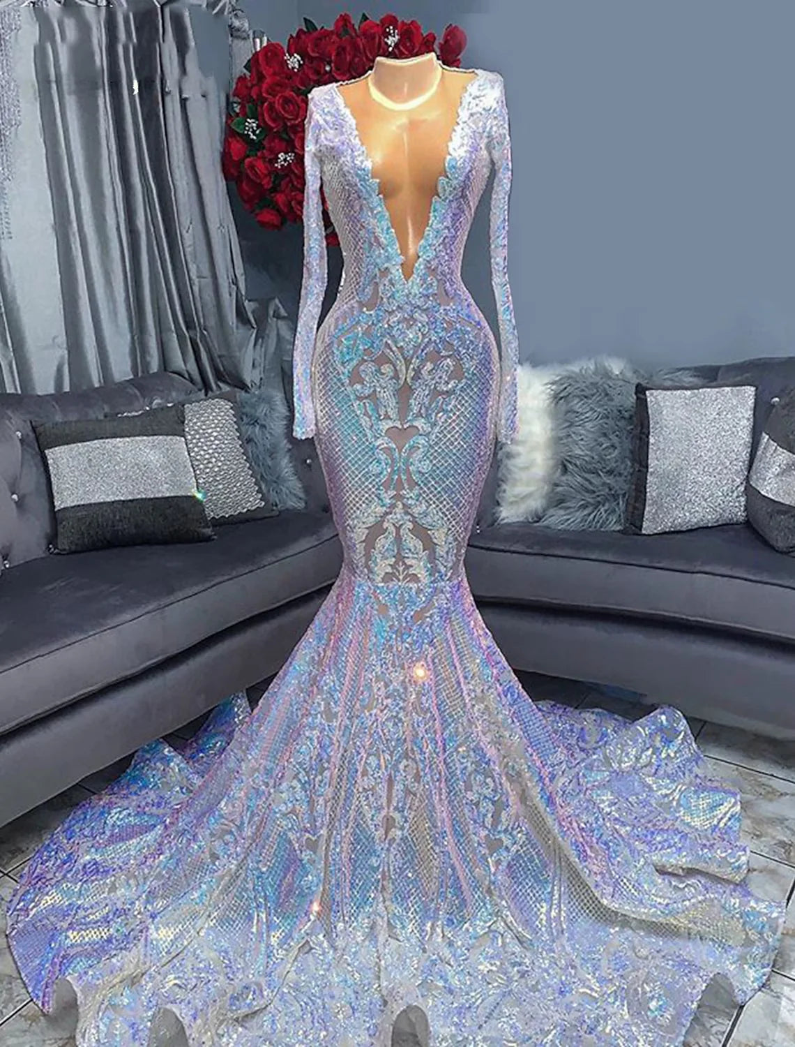 Wholesa Mermaid / Trumpet Evening Gown Floral Dress Formal Chapel Train Long Sleeve V Neck African American Sequined with Sequin