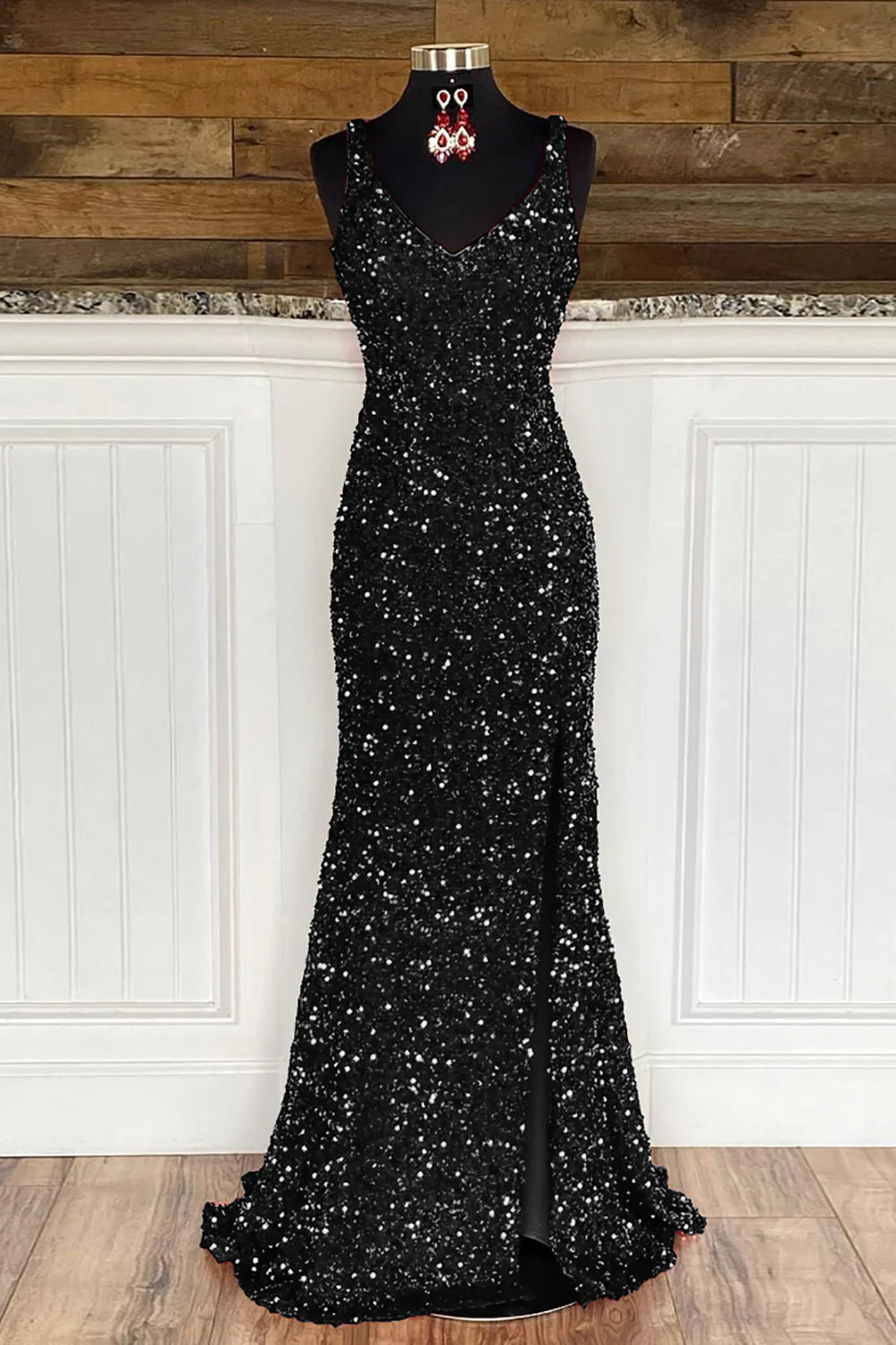Wholesa Sheath Spaghetti Straps Sequins Prom Dress with Split Front