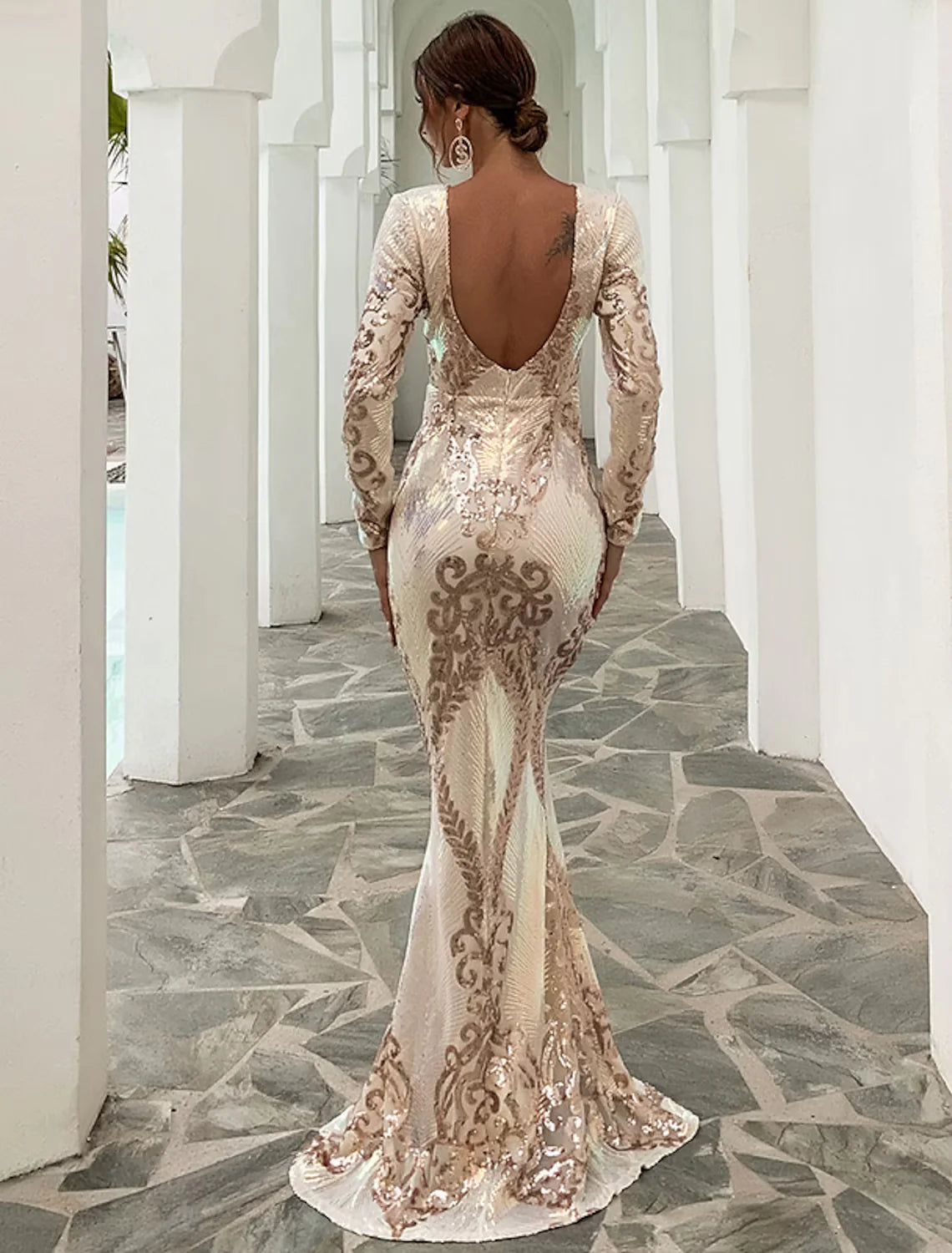 Wholesa Mermaid / Trumpet Evening Gown Sexy Dress Formal Sweep / Brush Train Long Sleeve Jewel Neck Polyester Backless with Sequin