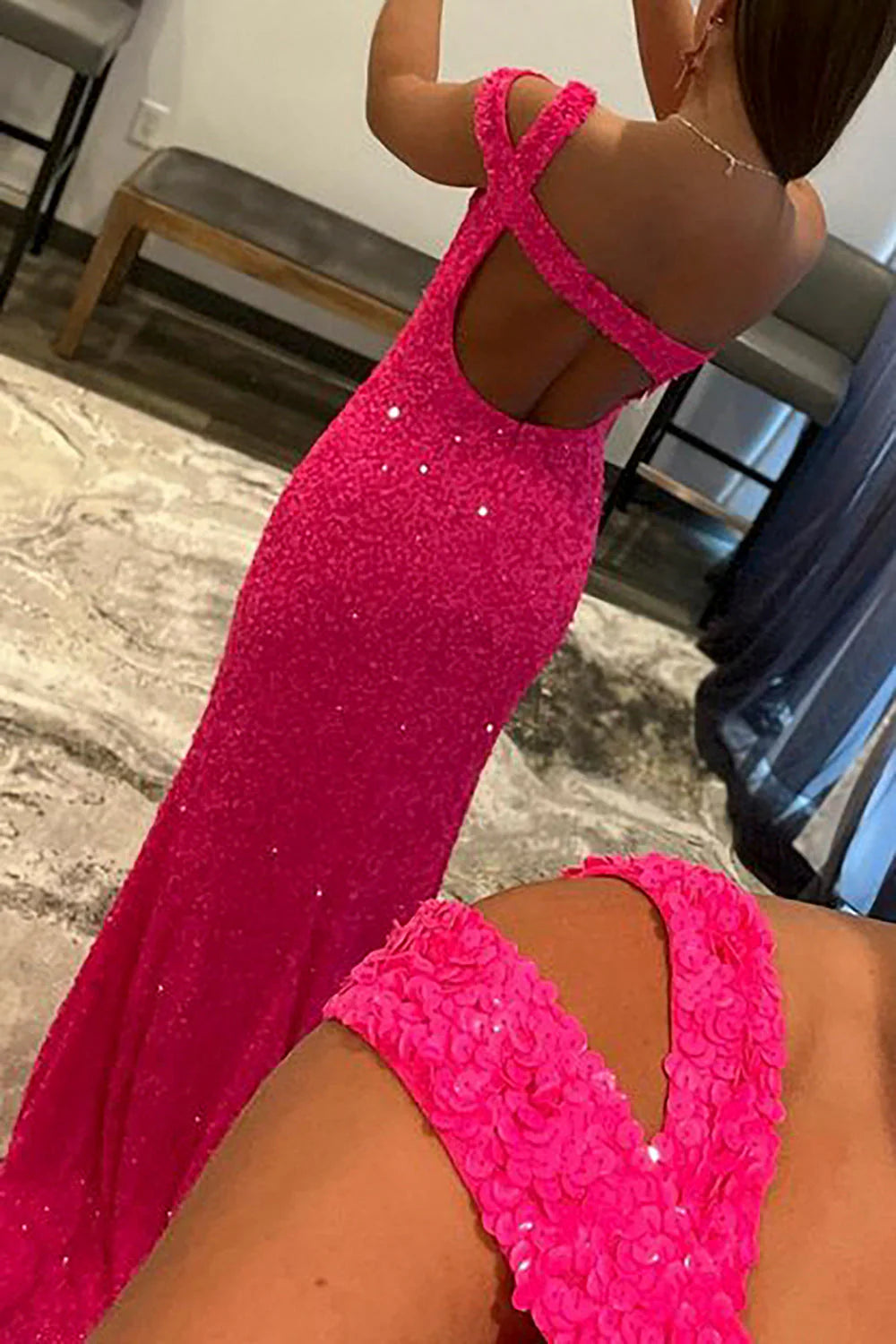 Wholesa Mermaid One Shoulder Column Sweep Train Sequins Split Beaded Prom Dress with Slit