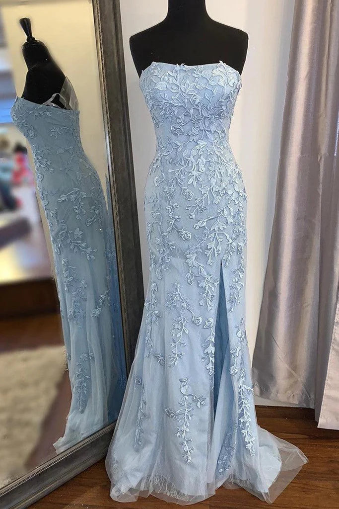 Wholesa Mermaid Strapless Sky Blue Split Prom Dresses Formal Dress With Lace