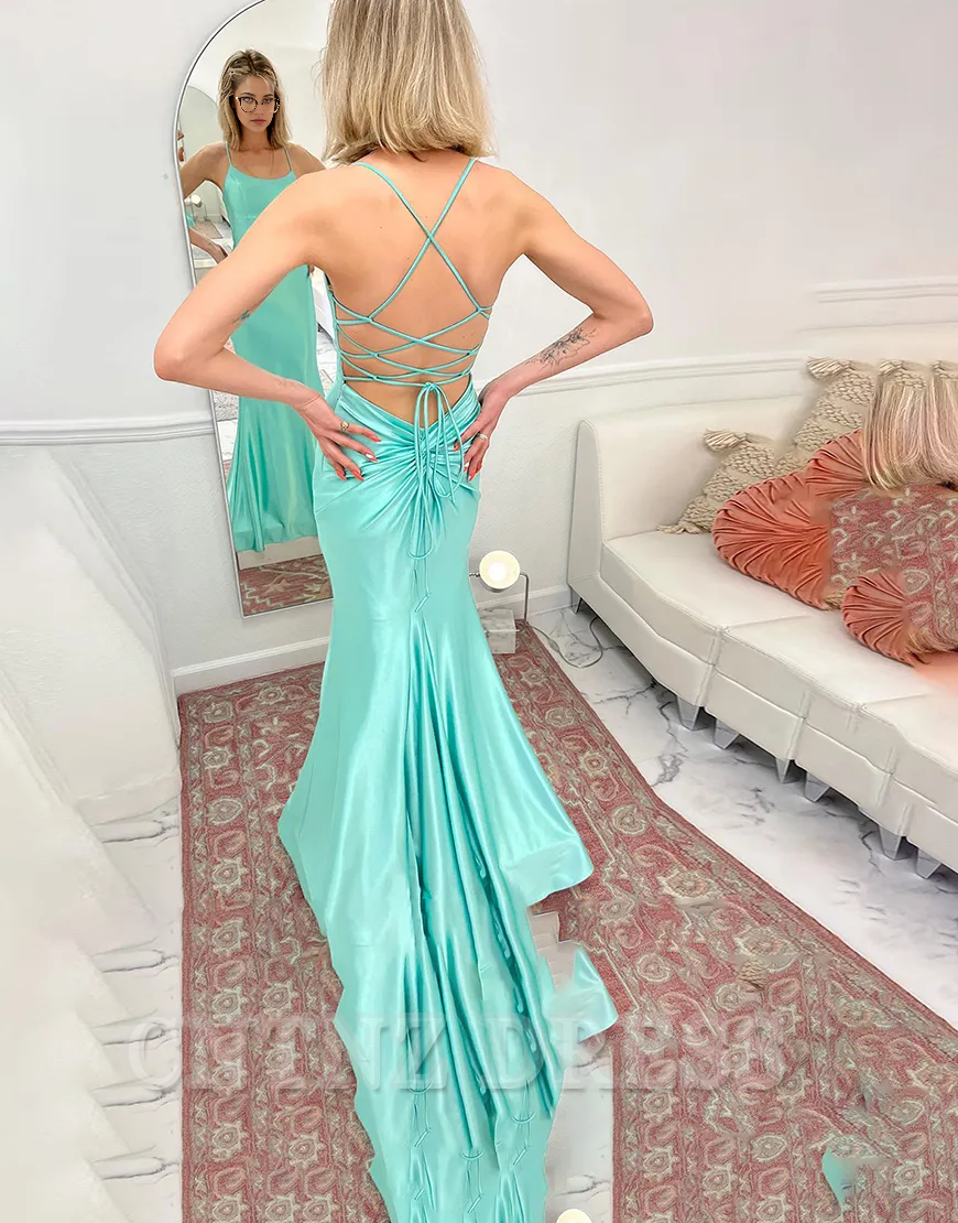 Wholesa Mermaid Spaghetti Straps Satin Pink Long formal dresses Bridesmaid Dresses evening gown Prom Dress