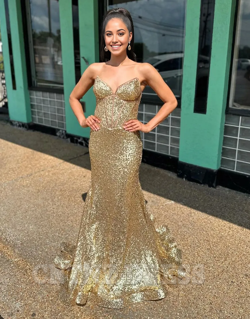 Wholesa Mermaid Sparkly Strapless Corset Sequins Golden Long formal dresses evening gown Prom Dress