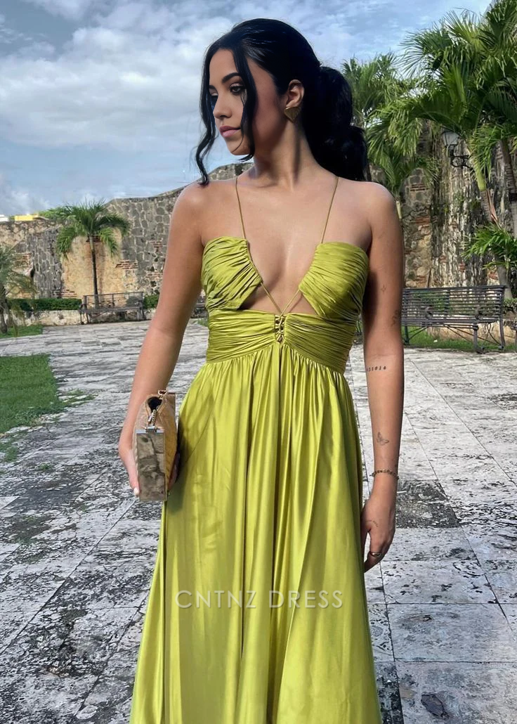 Wholesa A-line Halter Satin Ruched Green Long formal dresses Bridesmaid Dresses evening gown Prom Dress