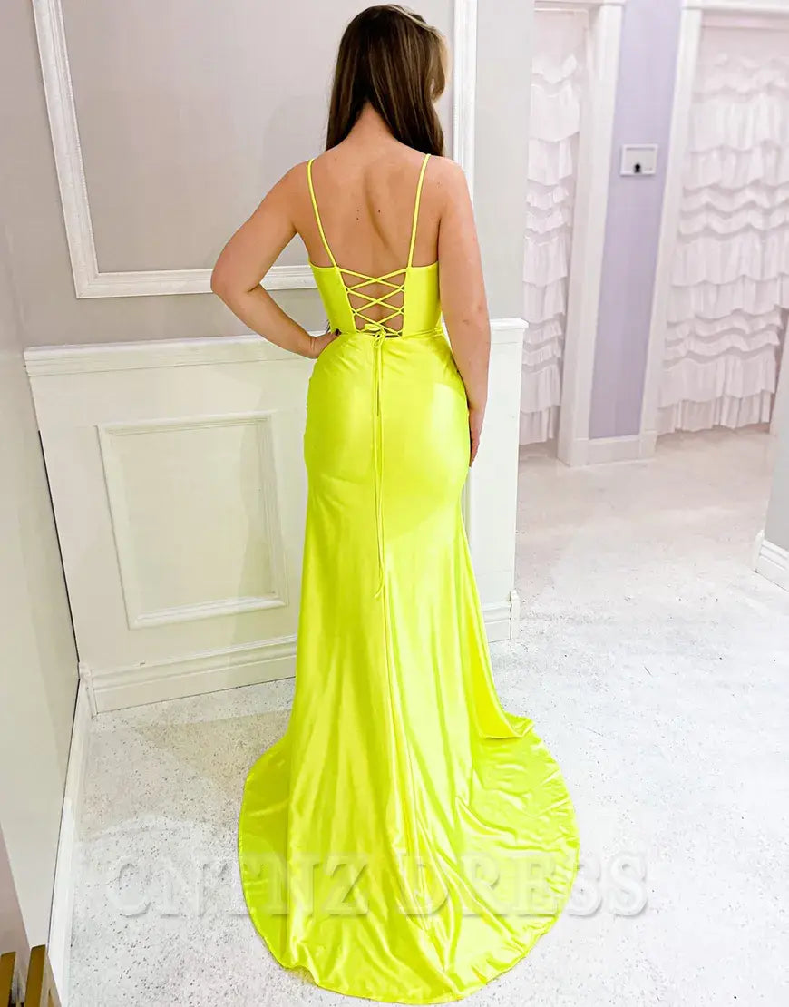 Wholesa Mermaid Spaghetti Straps Ruched Long Yellow formal dresses evening gown Prom Dress with Slit