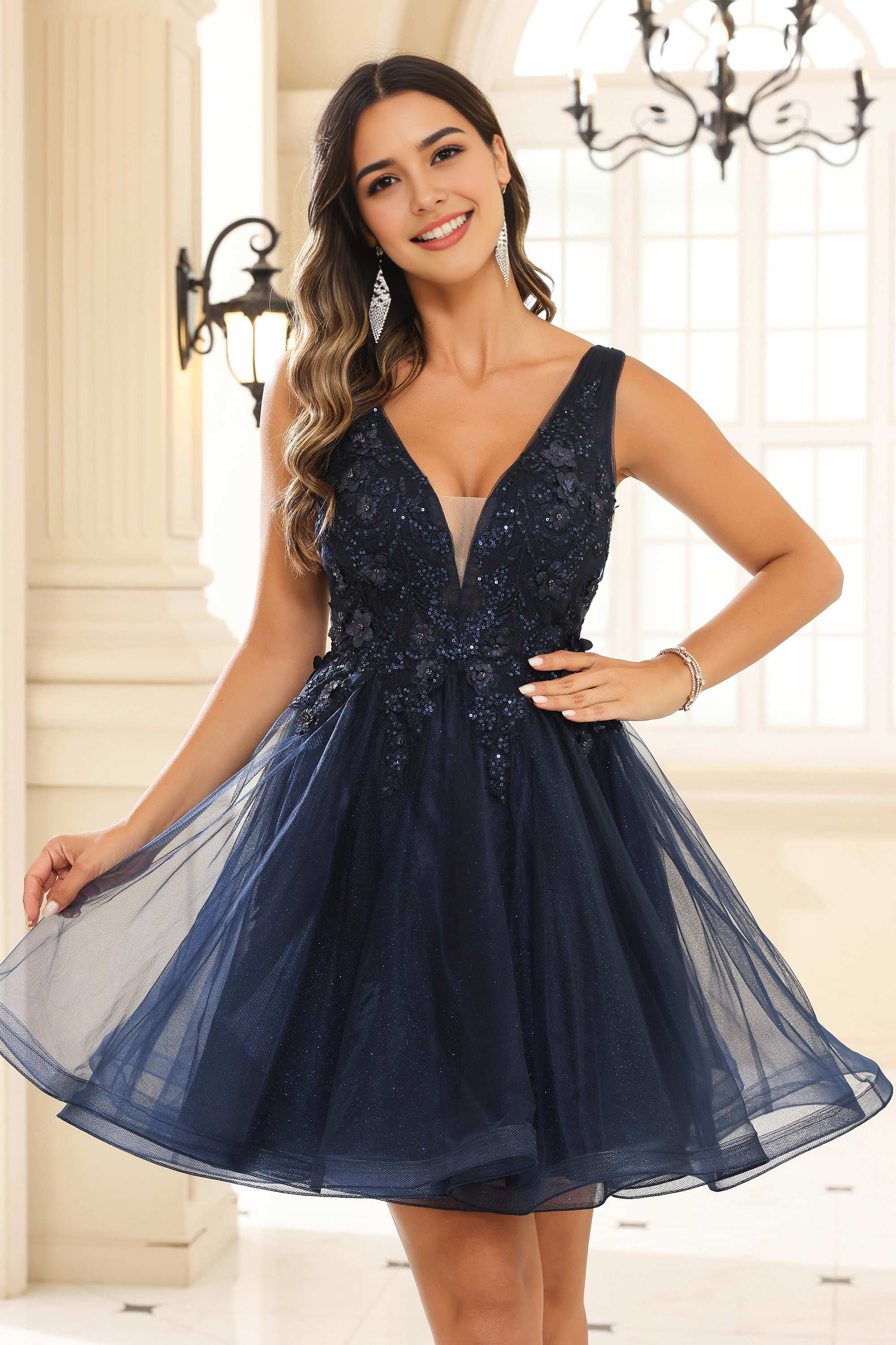 CNTNZ DRESS Charming A Line Deep V Neck Floral Applique Beaded Ruched Exquisite Mini Dress Hot Sale Homecoming Dress