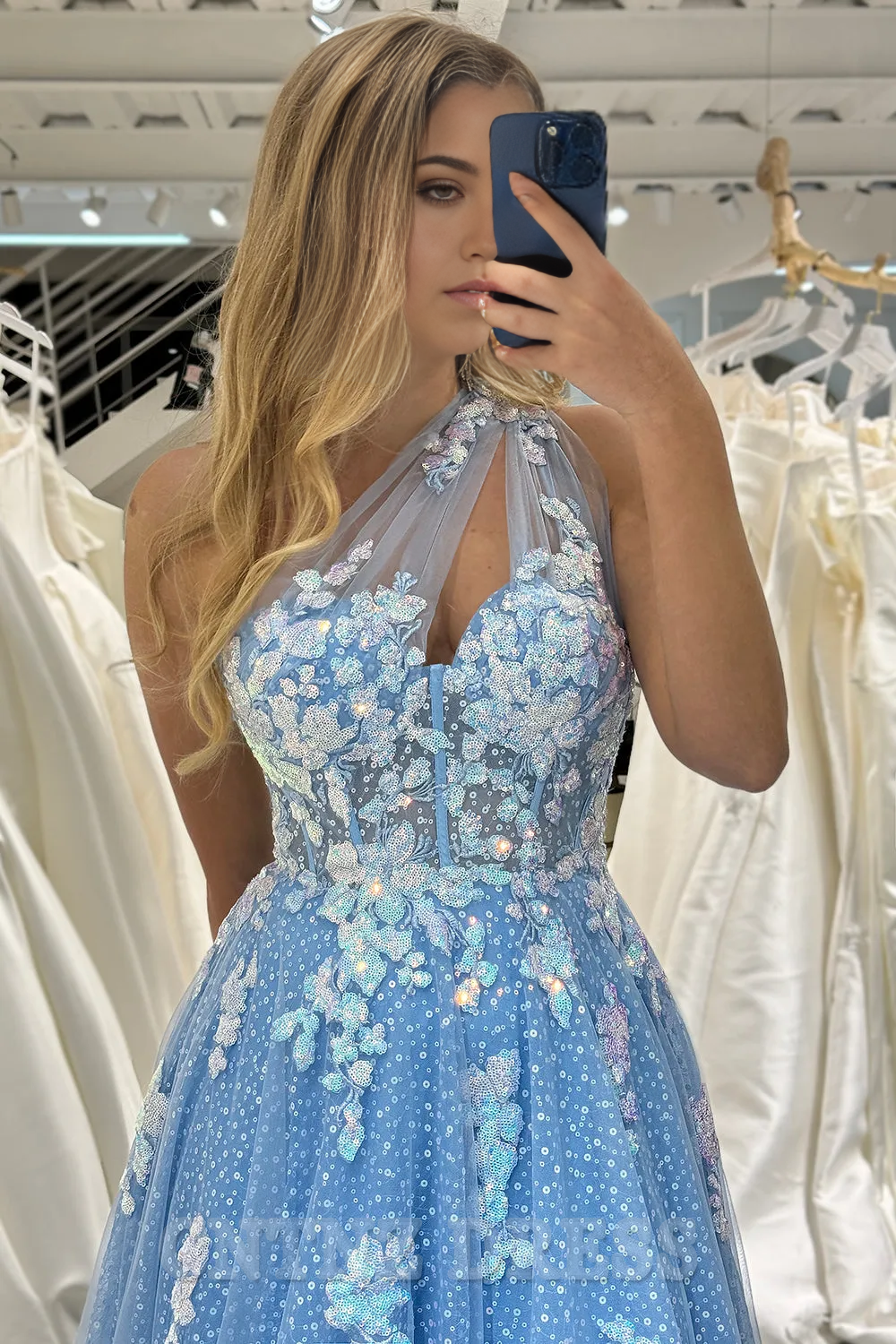 Wholesa A Line One Shoulder Long Tulle Light Blue formal dresses evening gown Prom Dress With Appliques