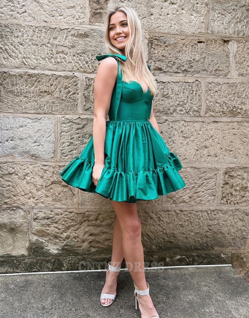 Wholesa A-Line Sweetheart Tie Straps Short Satin Green Homecoming Dress formal dresses Bridesmaid Dresses evening gown Prom Dress