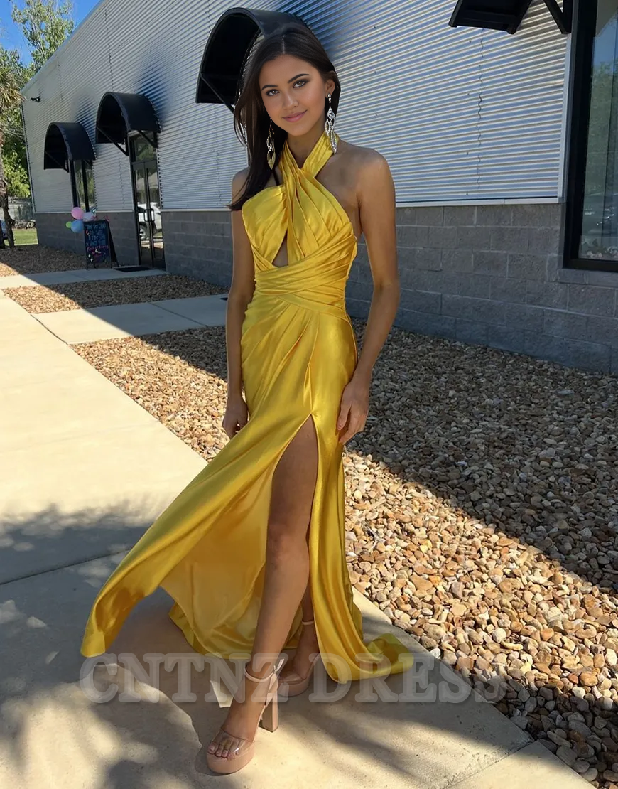 Wholesa Mermaid Halter Ruched Satin Yellow Long formal dresses evening gown Prom Dress with Slit