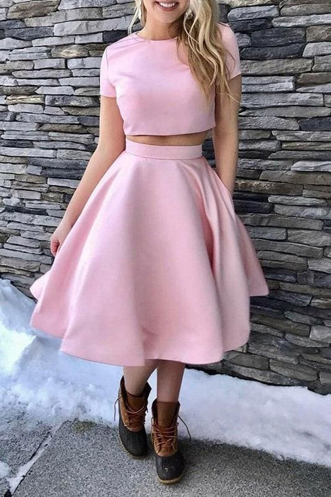 CNTNZ DRESS Hot Sale Short Prom Dress A-Line Short Sleeves Tea-Length Two Piece Satin Cute Homecoming Dress