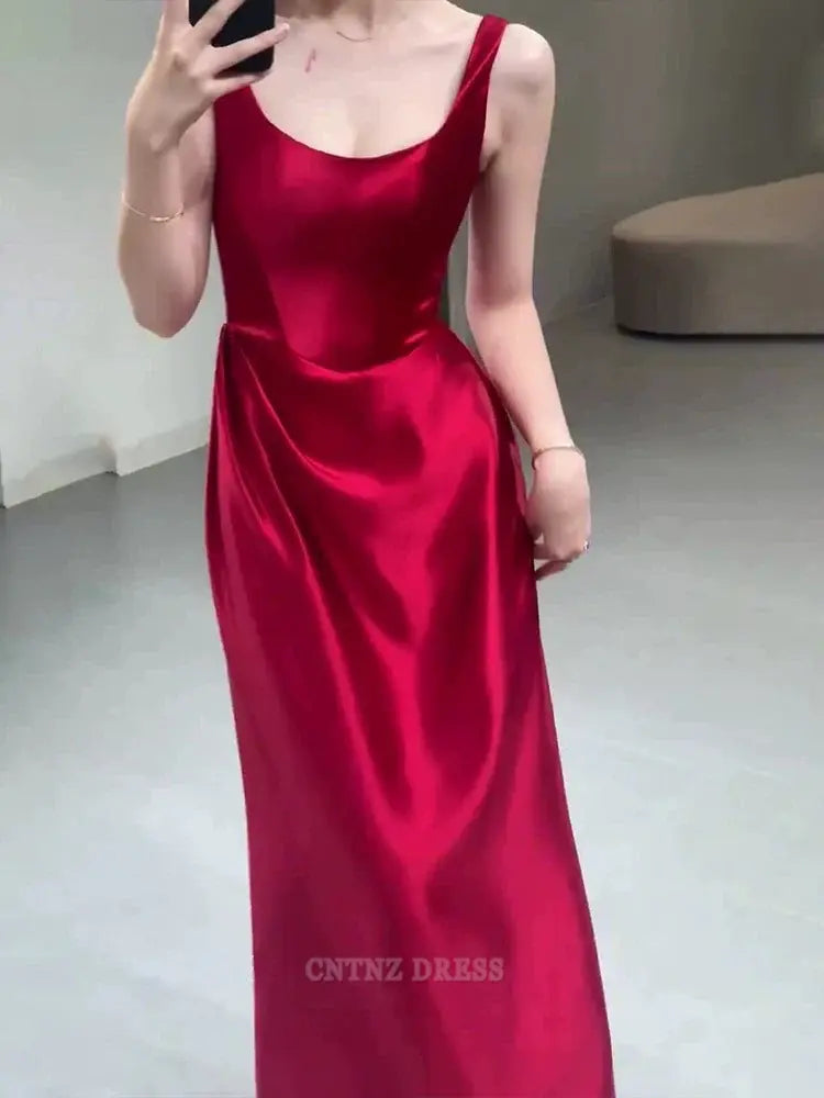 Wholesa A line Straps Red Satin Long Floor Length formal dresses Bridesmaid Dresses evening gown Prom Dress