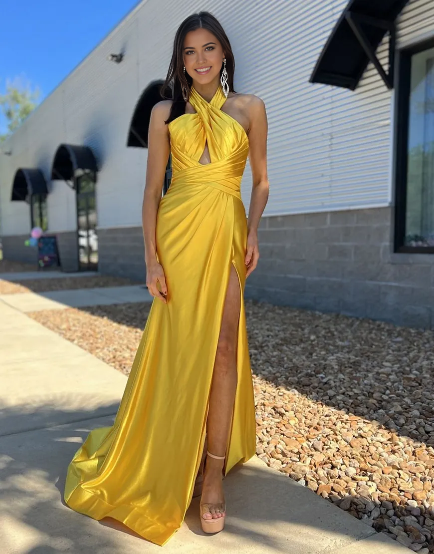 Wholesa Mermaid Halter Ruched Satin Yellow Long formal dresses evening gown Prom Dress with Slit