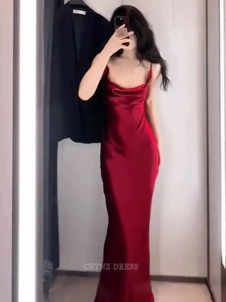 Wholesa Mermaid Spaghetti Straps Vintage Burgundy Satin Long Floor Length formal dresses Bridesmaid Dresses evening gown Prom Dress