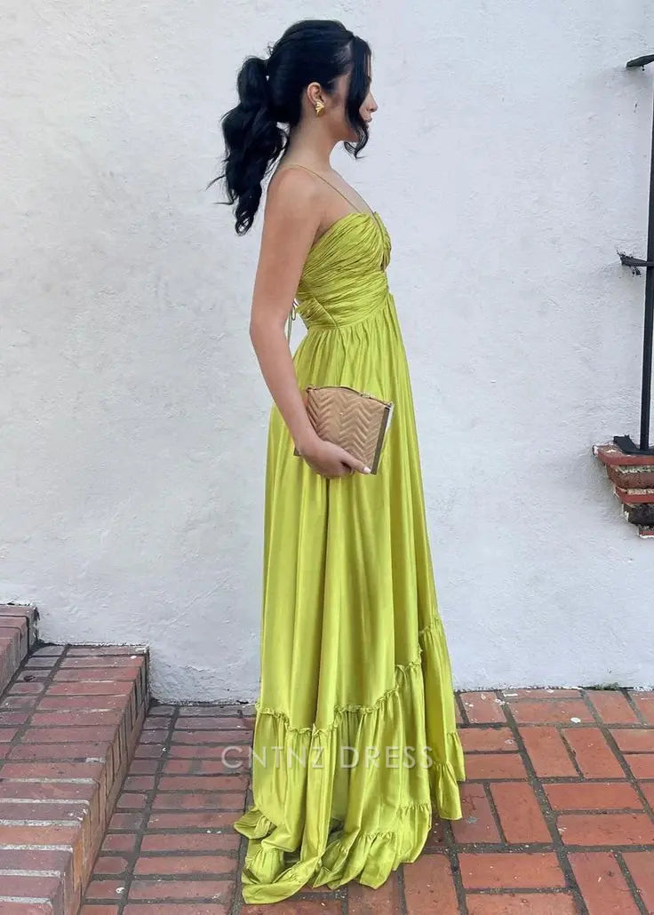Wholesa A-line Halter Satin Ruched Green Long formal dresses Bridesmaid Dresses evening gown Prom Dress