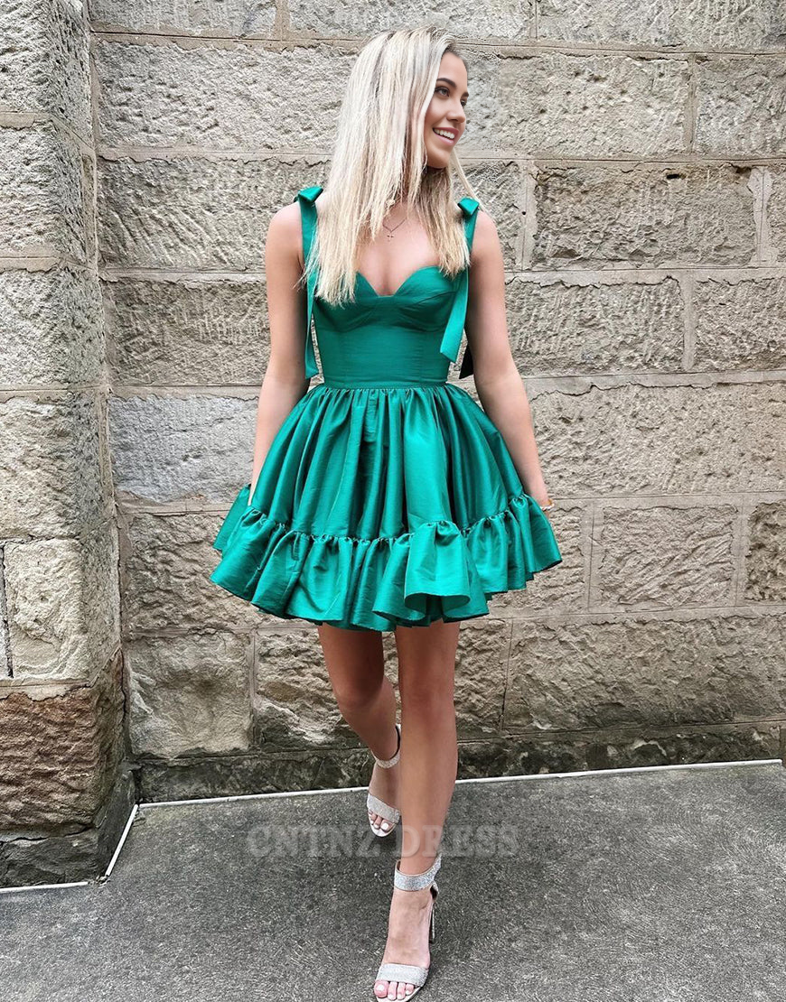 Wholesa A-Line Sweetheart Tie Straps Short Satin Green Homecoming Dress formal dresses Bridesmaid Dresses evening gown Prom Dress