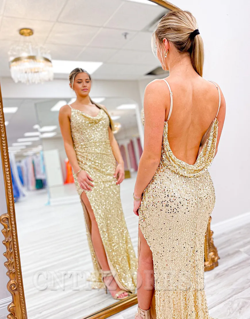 Wholesa Mermaid Spaghetti Sparkly Straps Sequins Gold Long formal dresses evening gown Prom Dress with Slit
