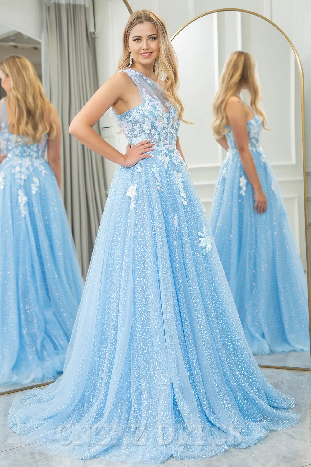 Wholesa A Line One Shoulder Long Tulle Light Blue formal dresses evening gown Prom Dress With Appliques