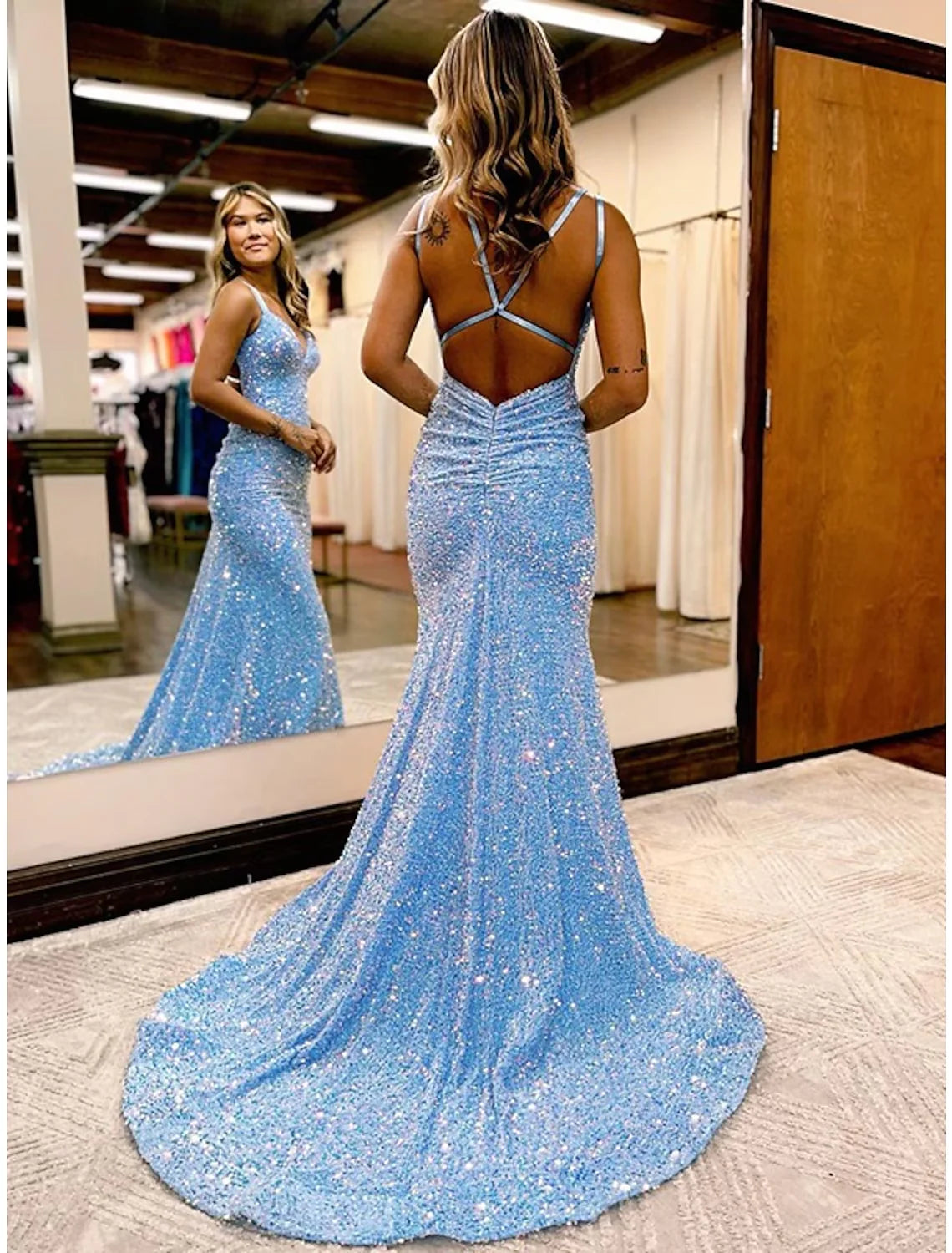 Wholesa Sheath/Column Velvet Sequins Ruched V-neck Sleeveless Sweep/Brush Train Dresses