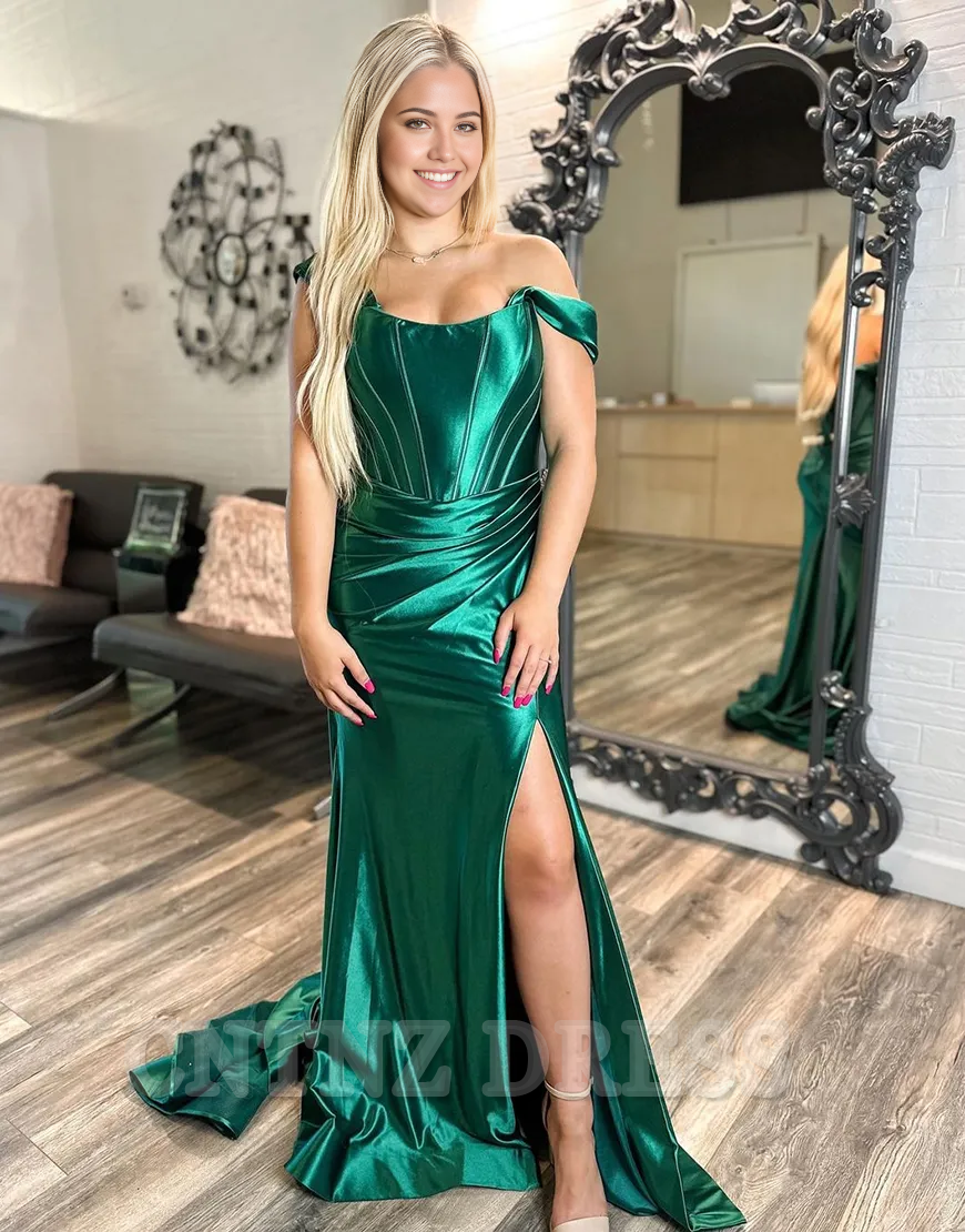 Wholesa Mermaid Off the Shoulder Corset Satin Dark Green Long formal dresses evening gown Prom Dress with Slit