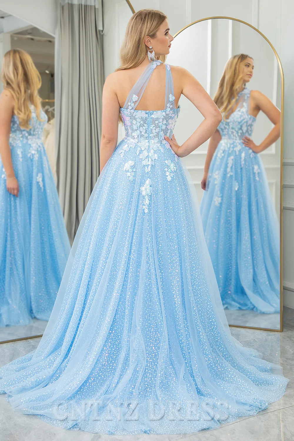Wholesa A Line One Shoulder Long Tulle Light Blue formal dresses evening gown Prom Dress With Appliques