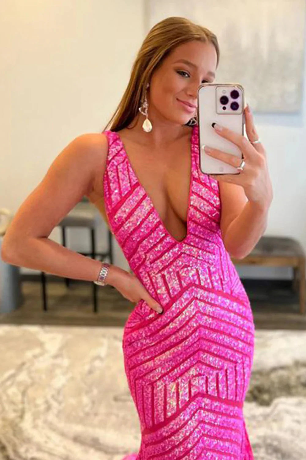 Wholesa Mermaid Deep V Neck Sequin Prom Dress