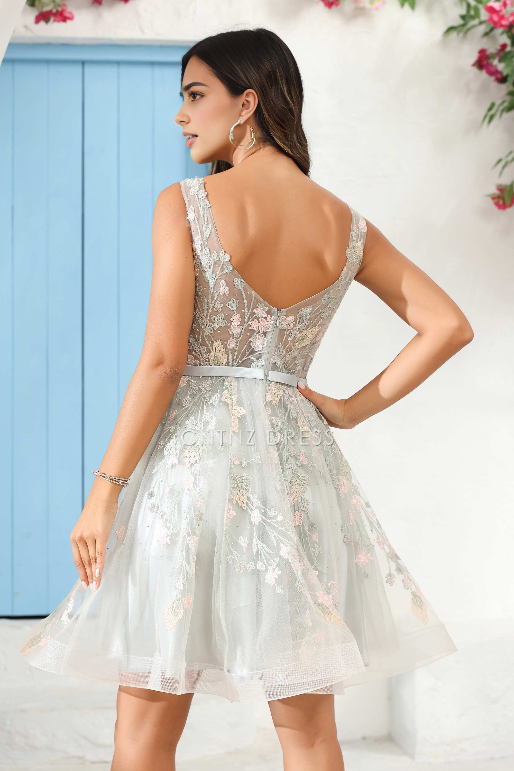 CNTNZ DRESS Exquisite Round Neck Sleeveless Floral See-through Ruched Tulle Retro Mini Dress Hot Sale Homecoming Dress