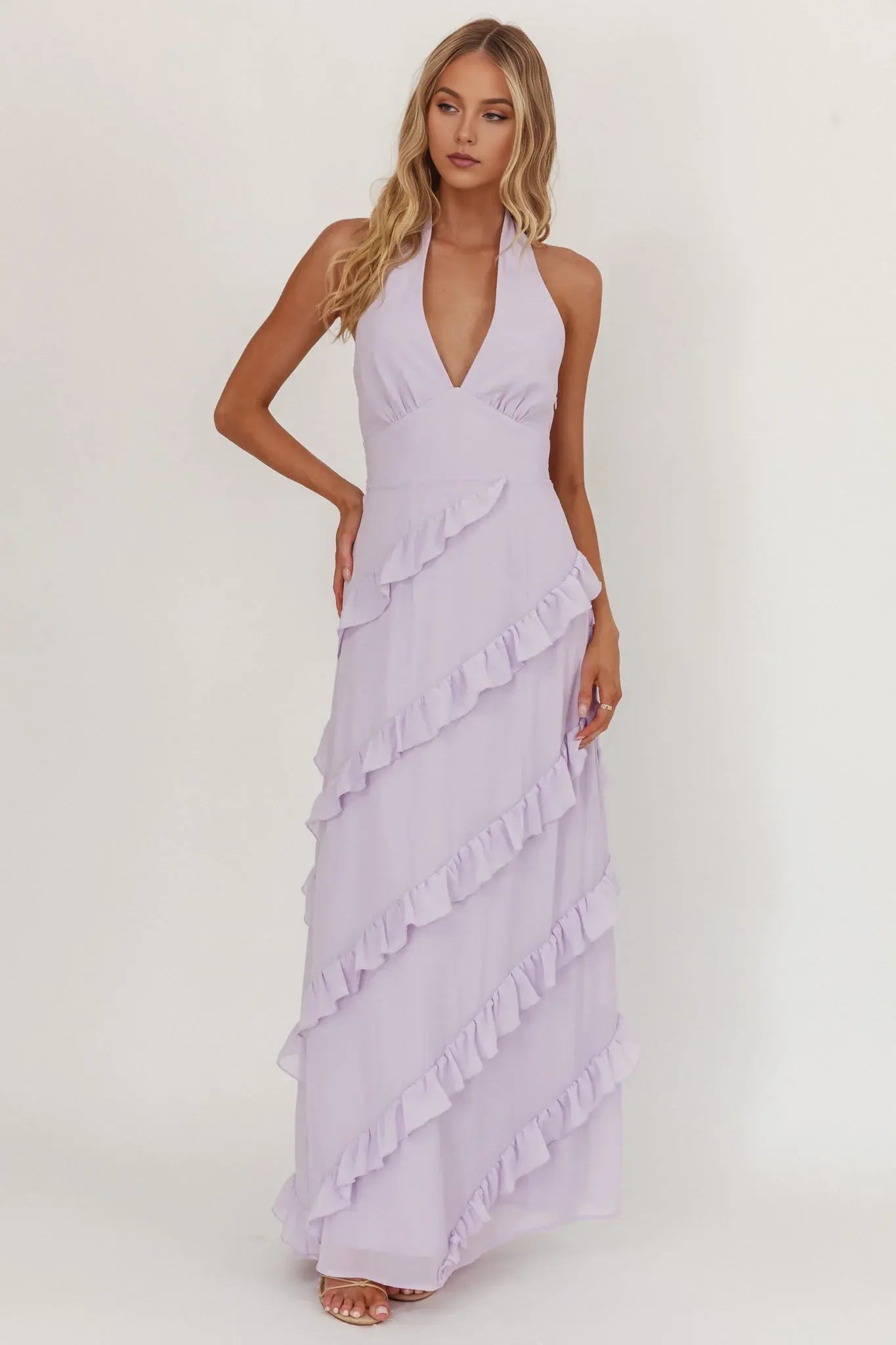 Elegant A Line Halter Deep V Neck Sleeveless Tiers Frill Trim Backless Lilac Romantic Long Wedding Guest Dress Hot Sale Prom Dress