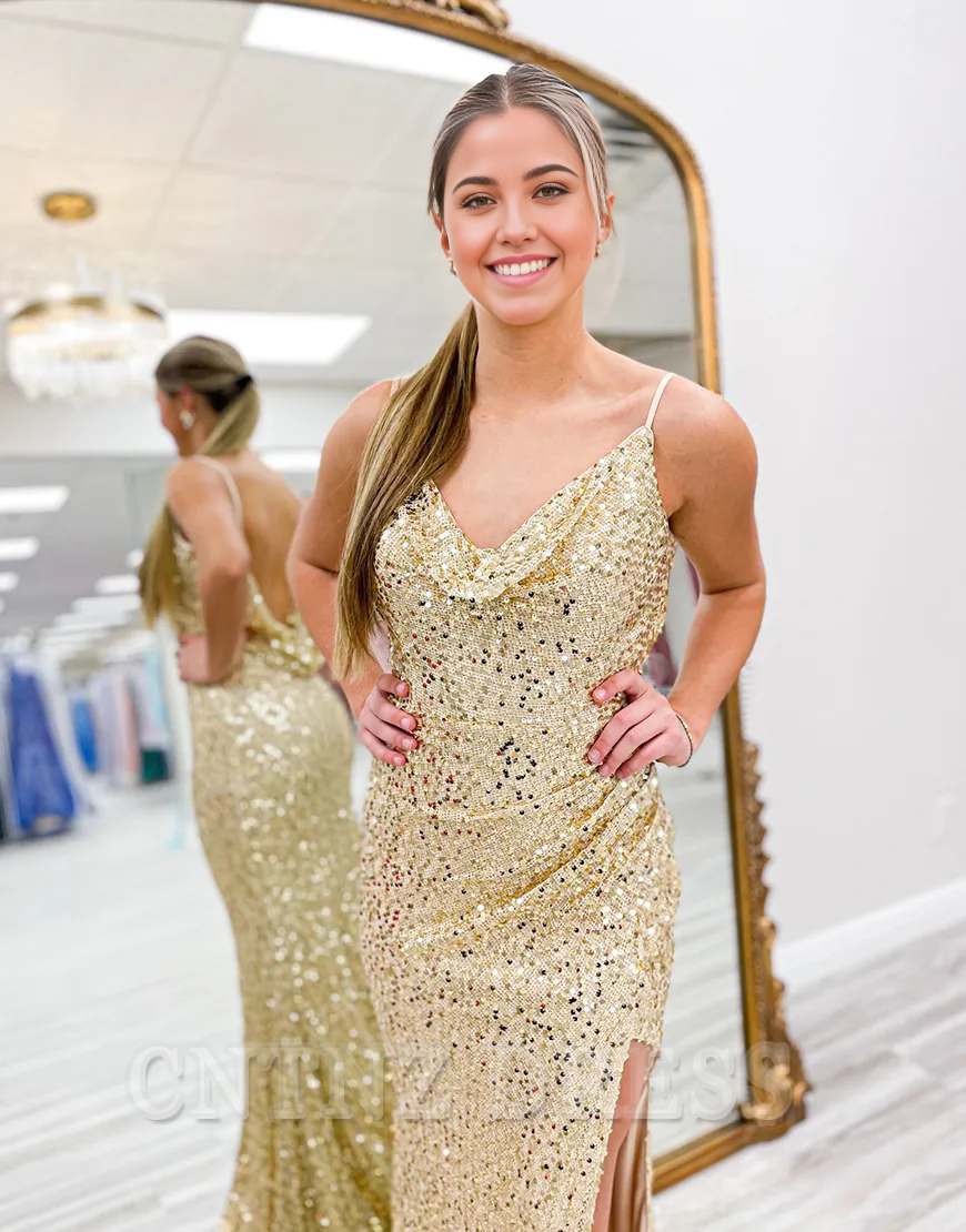 Wholesa Mermaid Spaghetti Sparkly Straps Sequins Gold Long formal dresses evening gown Prom Dress with Slit