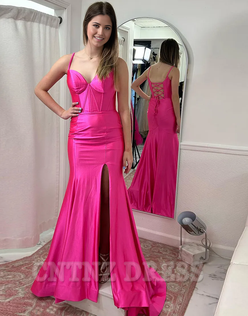 Wholesa Mermaid Spaghetti Straps Corset Satin Fuchsia Long formal dresses Bridesmaid Dresses evening gown Prom Dress with Slit